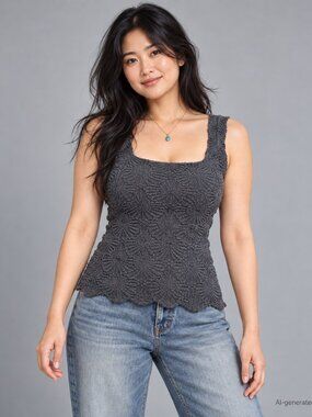 Free People Love Letter Gray Floral Jacquard Cami M/L Romantic Layering